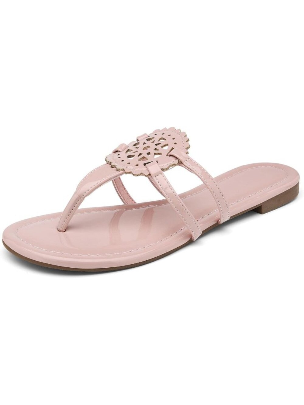 🆕Women's Pink Flat Sandals Dressy Flip Flops Hollow Cutout Medallion Thong